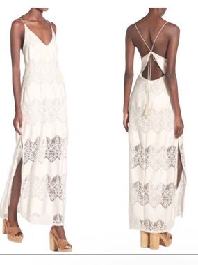 Astr The Label Ivory Lace Boho Maxi Slip Dress Size Small